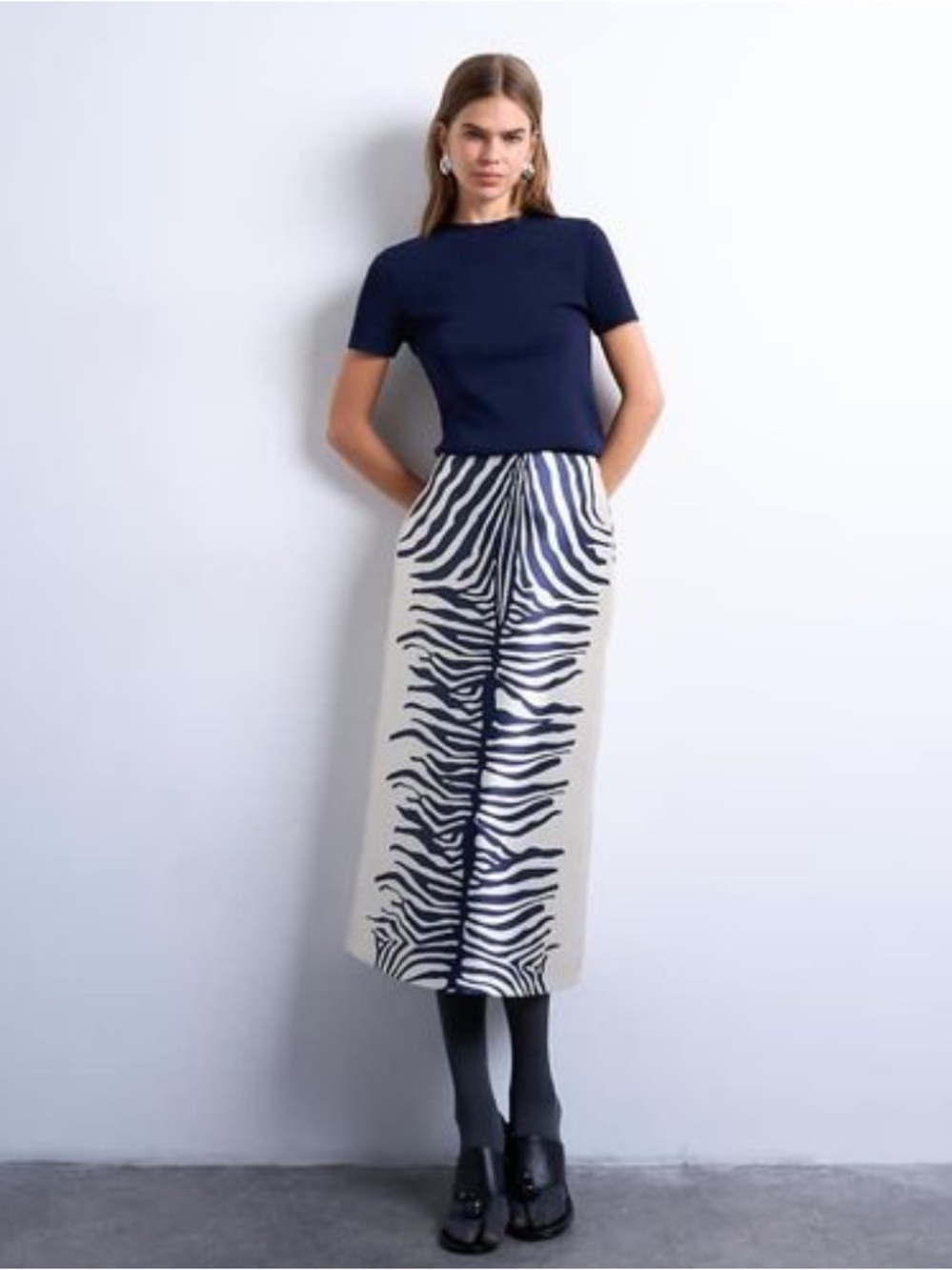 TOPSHOP Navy and Cream Zebra-Print Midi Skirt